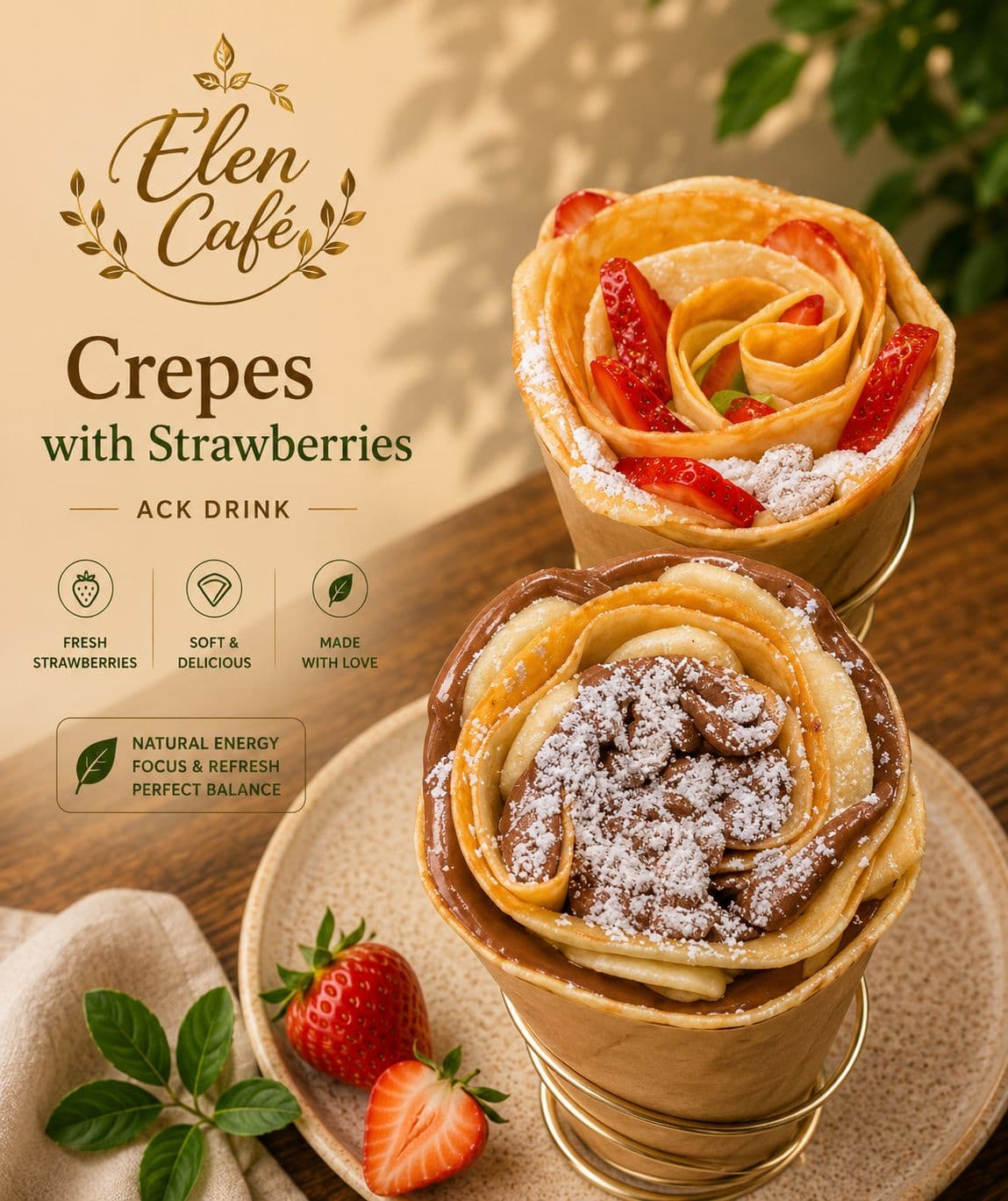 Elegant rose-style strawberry crepes