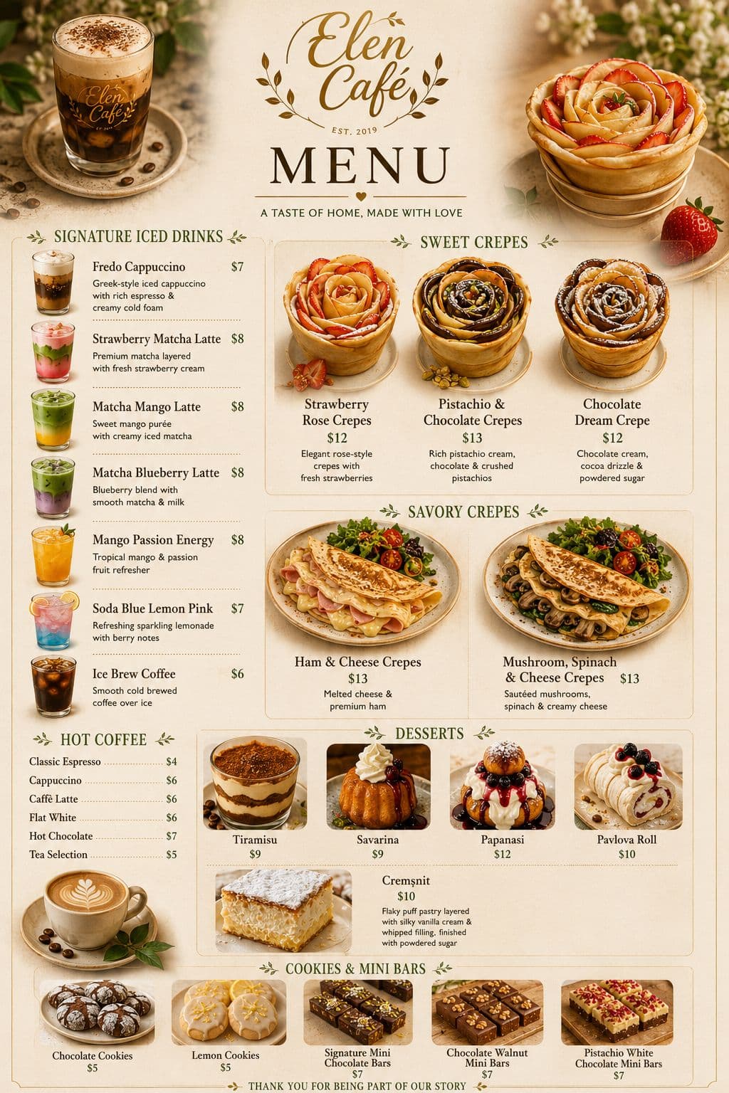 Elen Café full printed menu with prices